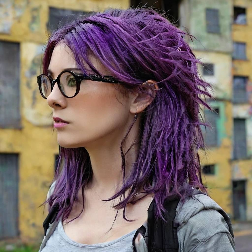 
there is a woman , Dark purple hair and cybernetics, grungy woman, Emo art student, with glasses, Purple hair portrait of woman, Profile shot, purple and black, look from the side, Shot from the side, Irish horrors, dark and dirty, purple and black, shot from far away, perfect figure 