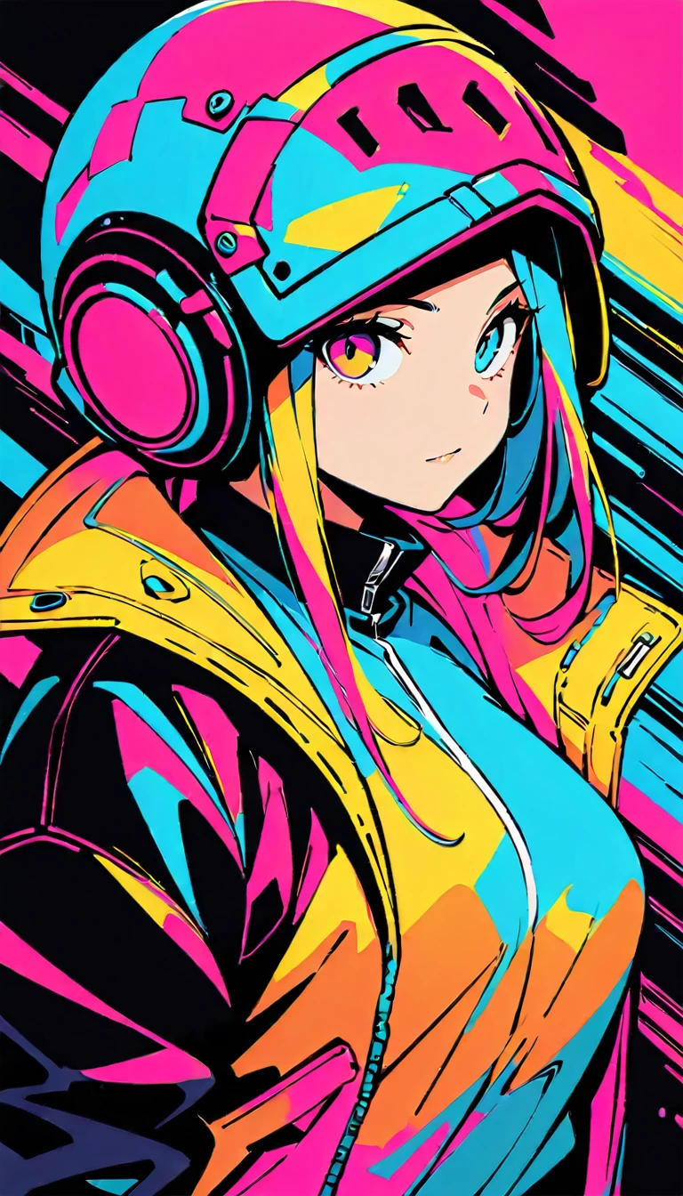 (high quality, 8K, 4k, high contrast, masterpiece:1.2, 最high quality, best aesthetics), (dynamic angle), ((1 female)), ((cyber punk)), ((flat color)), ((Colorful Art)),Helmet,riders jacket, looking at the viewer, Upper body, Colored Background, high contrast, Contrasting colors, cowboy shot,