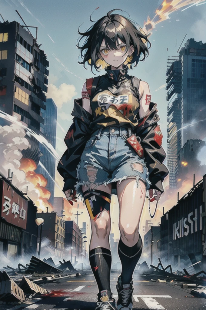 ((1 GIRL)) ((2d anime girl)), ((Japanese)) mature female,18-year-old, ((2d anime girl)), ((short dark-haired)), ((windswept hair)) ((ultra high quality)) ((4k UHD)) ((Best Quality)) ((Daytime)) ((eyes glowing yellow )), wearing a ((black long sleeve shoulderless T-shirt)) with the slogan ((KAIJU)) in RED letters, wearing blue jeans and black and yellow sneakers with (((blood splattered))) on it and her face, standing in the street ((facing toward the camera)) in a ((ruined city)) filled with ((heavily damaged)) and worn (( tall skyscrapers with gaping holes in their structures while on fire)) and ((crushed vehicles on fire)) and small and ((raging fires all around)) and an expressionless look on her face, with a giant monster kaiju-beast in the distance looking furocious.