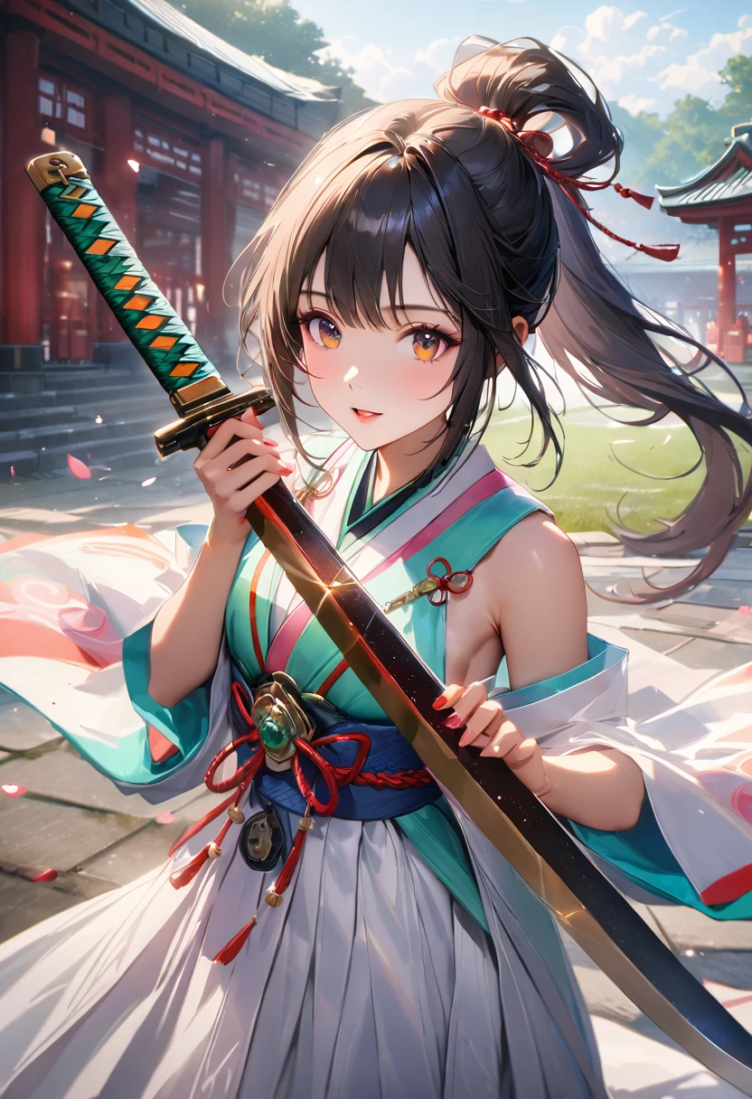 Shrine grounds, Clear sky with white clouds, Shrine maiden, Blur the background,young woman,ponytail,Holding a Japanese sword upright,Glitter effect,Highest quality, 8K, High resolution, masterpiece:1.2, Very detailed, Realistic:1.37, High resolution, 超High resolution, Ultra-fine painting, Very detailed, Professional, Vibrant colors