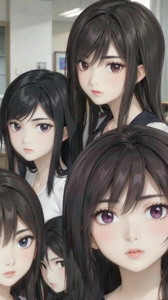 Mommy with 4 daughters,black hair, long hair, messy hair, hair between eyes, chubby cheek,Sexy lips, pucker lips