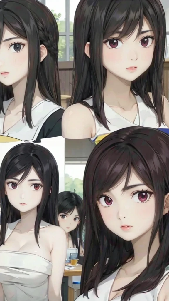 Mommy with 4 daughters,black hair, long hair, messy hair, hair between eyes, chubby cheek,Sexy lips, pucker lips