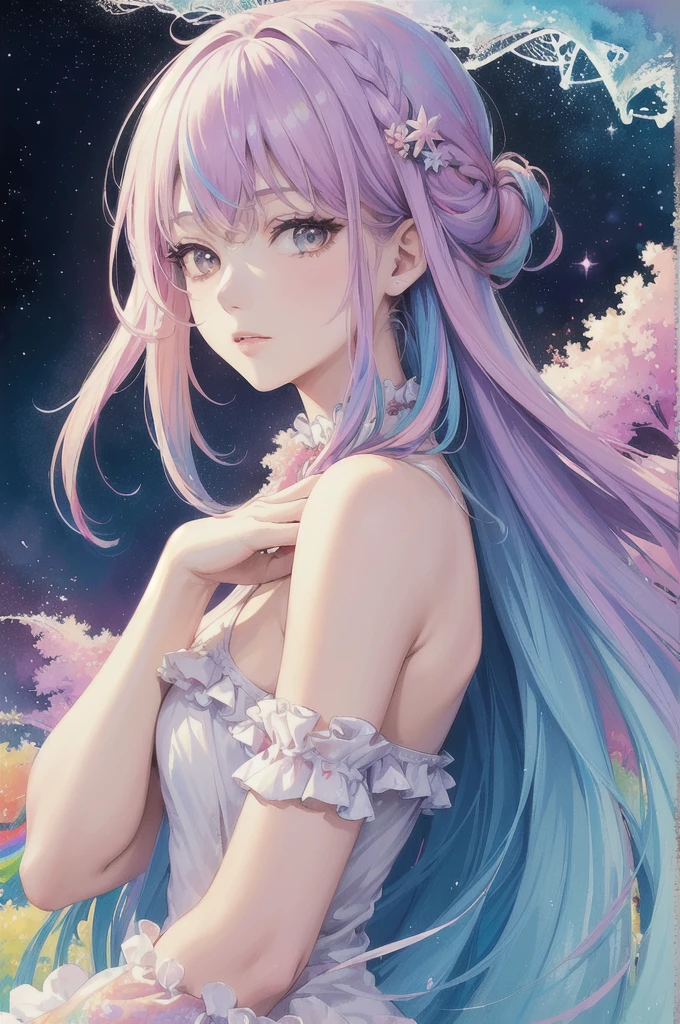 masterpiece、highest quality、High resolution、high quality images、8K, 1 female、skin luster、skin texture、Expression of fine eyes, realism, Detailed manga style, manga art style, perfect line drawing, beautiful line drawing, digital manga art girl, Clear, charm, Front view, (perfectly detailed face),photorealistic images, Depth of written boundary,
One girl, bangs, blue eyes, Big round eyes、Blurred Background、Multi-coloured hair、 Mouth closed、From the side、Hair between the eyes、White and pink dress、View Viewer, Medium Hair, night, star , Upper Body, Bright and colorful, Strong color contrast、(Hide your hands:1.5)、(large brests:1.2)、(partially visible vulva:1.5)
