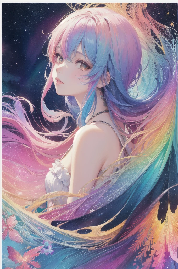 (masterpiece, top quality, best quality,watercolor (medium),official art, beautiful and aesthetic:1.2),(1girl:1.3), (fractal art:1.3),upper body, from side, looking at viewer,patterns,(rainbow color Hair,colorful hair,half blue and half pink hair:1.2),water,liquid, cloud,colorful, starry,stars,