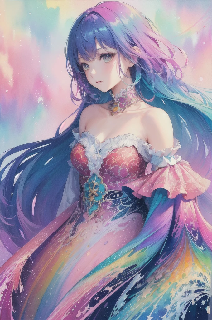 (masterpiece, top quality, best quality,watercolor (medium),official art, beautiful and aesthetic:1.2),(1girl:1.3), (fractal art:1.3),upper body, from side, looking at viewer,patterns,(rainbow color Hair,colorful hair,half blue and half pink hair:1.2),water,liquid, cloud,colorful, starry,stars,