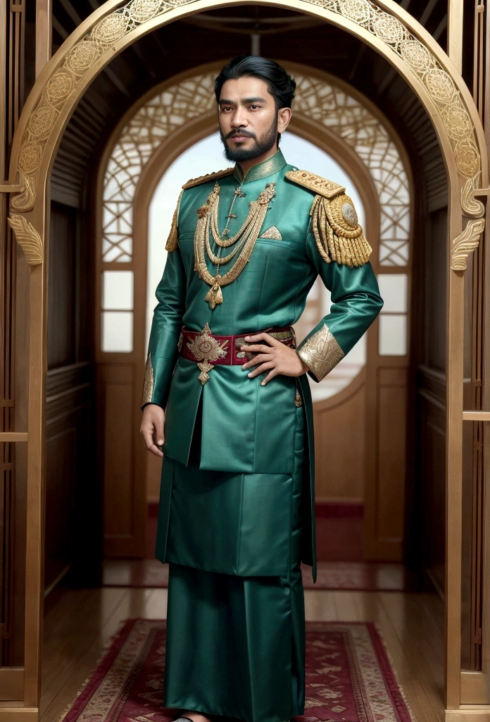 Megat Iskandar Shah, the second ruler of the Malacca Sultanate, stands confidently in traditional Malay attire, featuring a richly embroidered green and gold baju Melayu, a songket sampin, and a jeweled tengkolok. His calm and authoritative expression, rounded face, and neatly groomed beard convey wisdom and vision. Holding an intricately designed keris in his right hand and with his left hand on his hip, he exudes relaxed command. The backdrop shows a developed Malacca Sultanate with a grand palace, thriving city, busy harbor, and lush gardens, symbolizing the kingdom's established power, active trade, and prosperity,  character turnaround, Front view, Side view, Back view