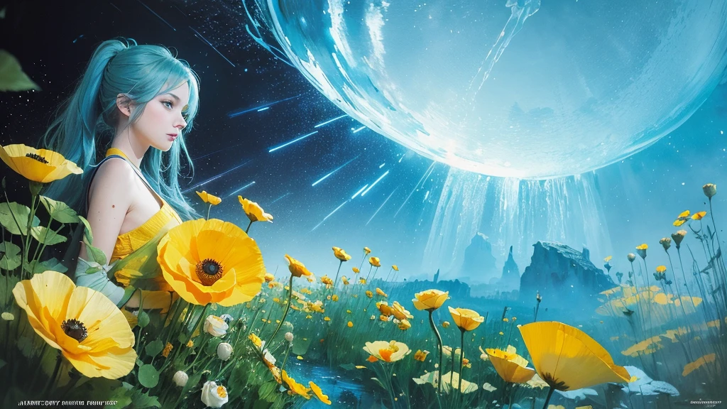 32k, Masterpiece, Highest quality, One girl, Detailed eyes, flower,Iceland Poppy, Blue and yellow style,A dreamy, romantic piece,Pale yellow, Mysterious Leaves,A playful arrangement,Fantasy,High Contrast,Ink strokes,explosion,Exposure, Impression of blue and yellow tones,Abstract,((Watercolours by John Berkey and Jeremy Mann )) Brush strokes,Negative Space, Tyndall effect,