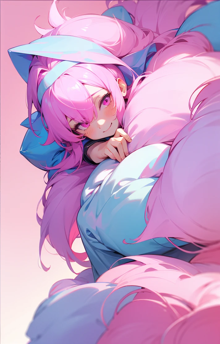 A BOY with big pink hair, with pink eyes, high resolution, with a shy face and a sweet smile
