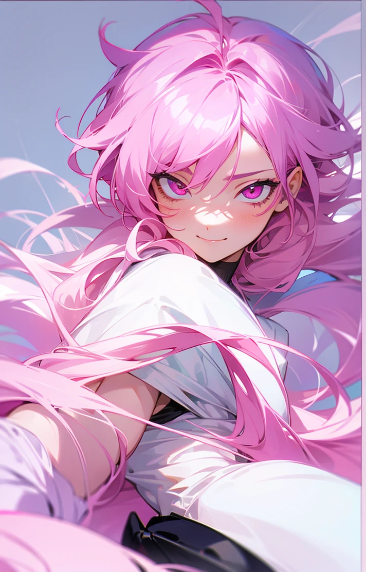 A BOY with big pink hair, with pink eyes, high resolution, with a shy face and a sweet smile