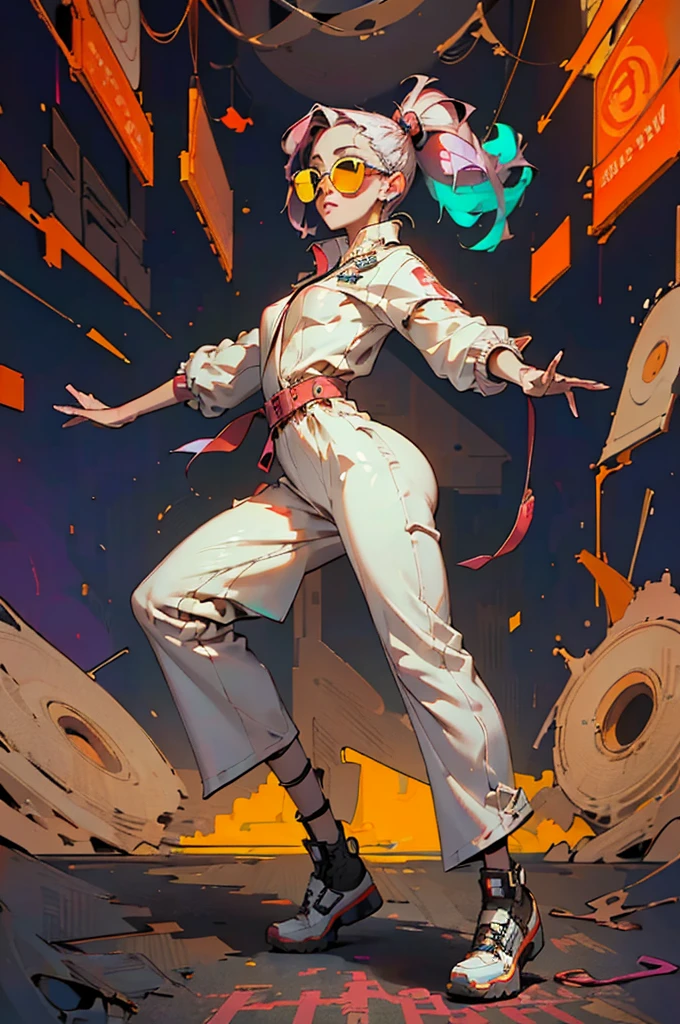 1girl, white jumpsuit, neon lines on clothing, cyberpunk, (best quality,4k,8k,highres,masterpiece:1.2),live stage, glowing line dress, oversized sunglasses, colorful punk hairstyle, full body portrait, dynamic dance