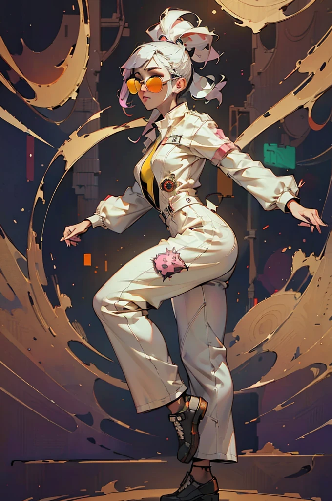 1girl, white jumpsuit, neon lines on clothing, cyberpunk, (best quality,4k,8k,highres,masterpiece:1.2),live stage, glowing line dress, oversized sunglasses, colorful punk hairstyle, full body portrait, dynamic dance