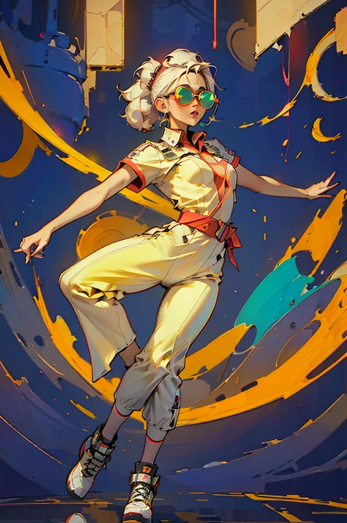 1girl, white jumpsuit, neon lines on clothing, cyberpunk, (best quality,4k,8k,highres,masterpiece:1.2),live stage, glowing line dress, oversized sunglasses, colorful punk hairstyle, full body portrait, dynamic dance