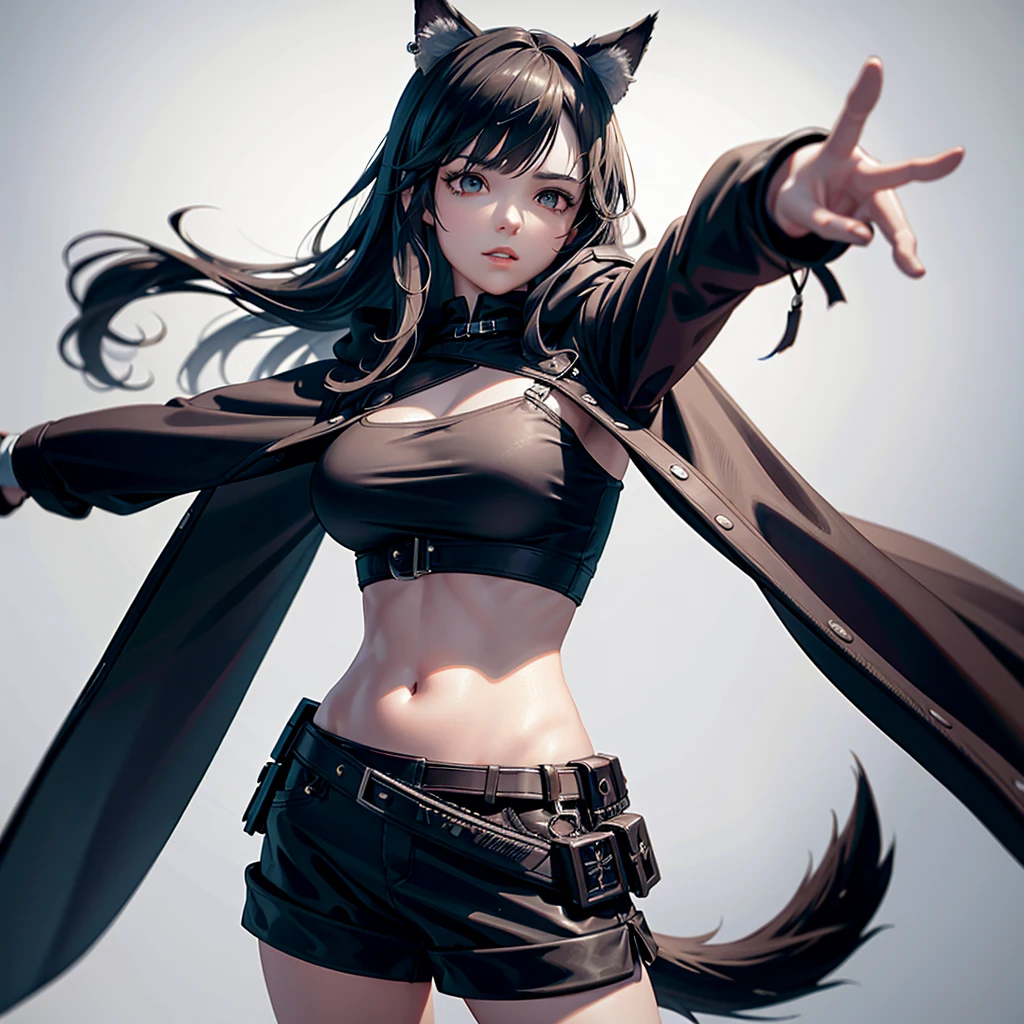 A highly detailed, realistic, photorealistic portrait of a young woman with long brown hair, wearing a black crop top and a large hooded jacket that is partially unzipped revealing her midriff, with cat ears and a large fluffy tail, looking forward with her hands outstretched, on a plain white background, masterpiece, best quality, 8K, ultra-detailed, physically-based rendering, vivid colors, cinematic lighting.((Hold your hands in front of your face)),Qigong fist stance