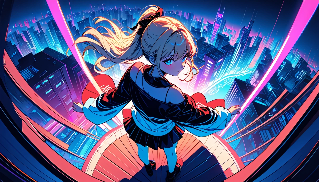 masterpiece,Highest quality,1 Synthwave girl,Blue outline,Neon cityscape,Blue fluorescent paint,solo,From above,Cowboy Shot,Kneel on the ground,Highly detailed CG,Flat Color,Limited palette,Line art,silhouette,Partially colored,Alternate Color,Dynamic Angle,Blonde long hair、Blue long upper champagne,Dark purple shadow,Synth Wave,chromatic aberration,(soloフォーカス)、Perfect Shadow、Wearing an off-the-shoulder floating jacket、Delicate face、、Beautiful and delicate eyes、Delicate background、Blue Neon Light、night、