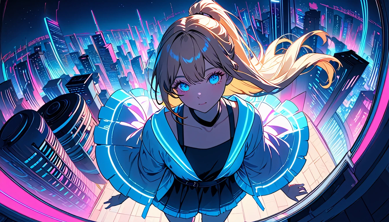 masterpiece,Highest quality,1 Synthwave girl,Blue outline,Neon cityscape,Blue fluorescent paint,solo,From above,Cowboy Shot,Kneel on the ground,Highly detailed CG,Flat Color,Limited palette,Line art,silhouette,Partially colored,Alternate Color,Dynamic Angle,Blonde long hair、Blue long upper champagne,Dark purple shadow,Synth Wave,chromatic aberration,(soloフォーカス)、Perfect Shadow、Wearing an off-the-shoulder floating jacket、Delicate face、、Beautiful and delicate eyes、Delicate background、Blue Neon Light、night、