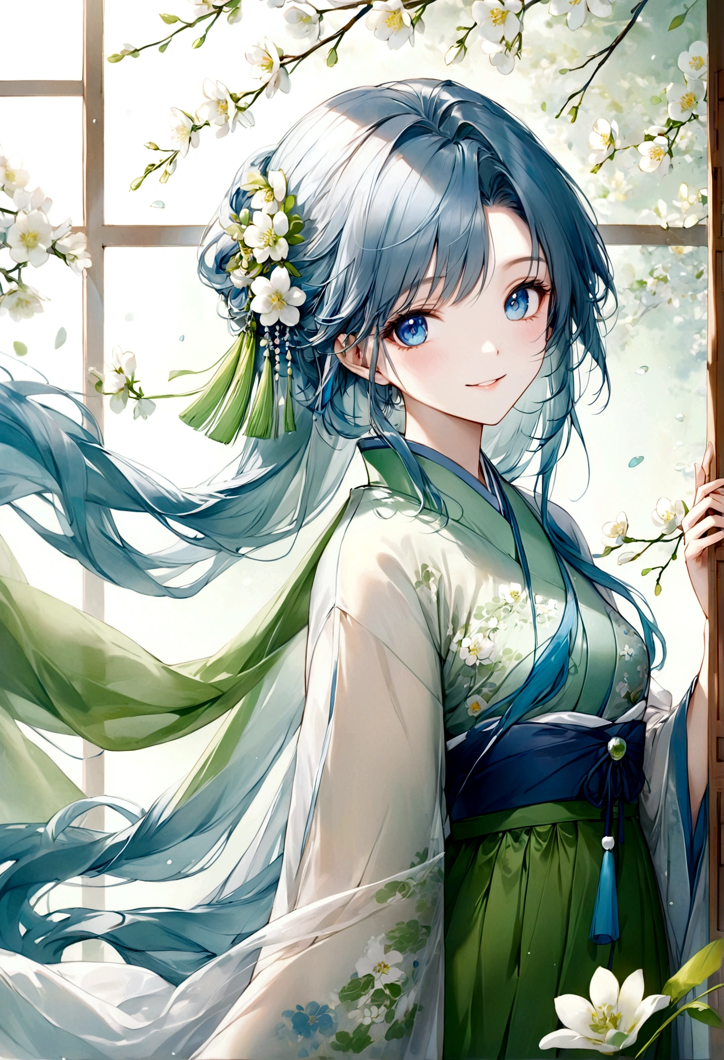 ((top-quality)), ((masterpiece)), ((ultra-detailliert)), (extremely delicate and beautiful), beautiful woman, bright light blue hair, long hair, sapphire blue eyes, traditional chinese hairstyle, wearing beautiful hanfu dress, sheer green hanfu, flowy shawl, shawl is sheer spring green, sweet smile, relaxed expression, fair complexion, delicate white flowers background