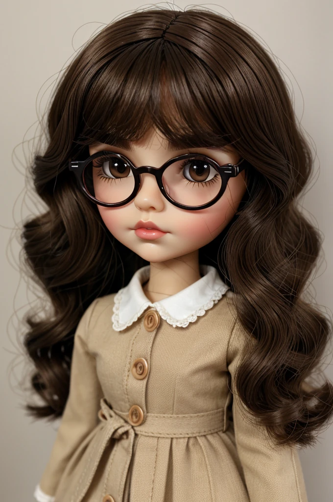 blythe doll with black glasses, light tan skin, short wavy dark brown hair, heart shaped lips, big brown eyes with long lashes, small buttoned nose and big cheeks