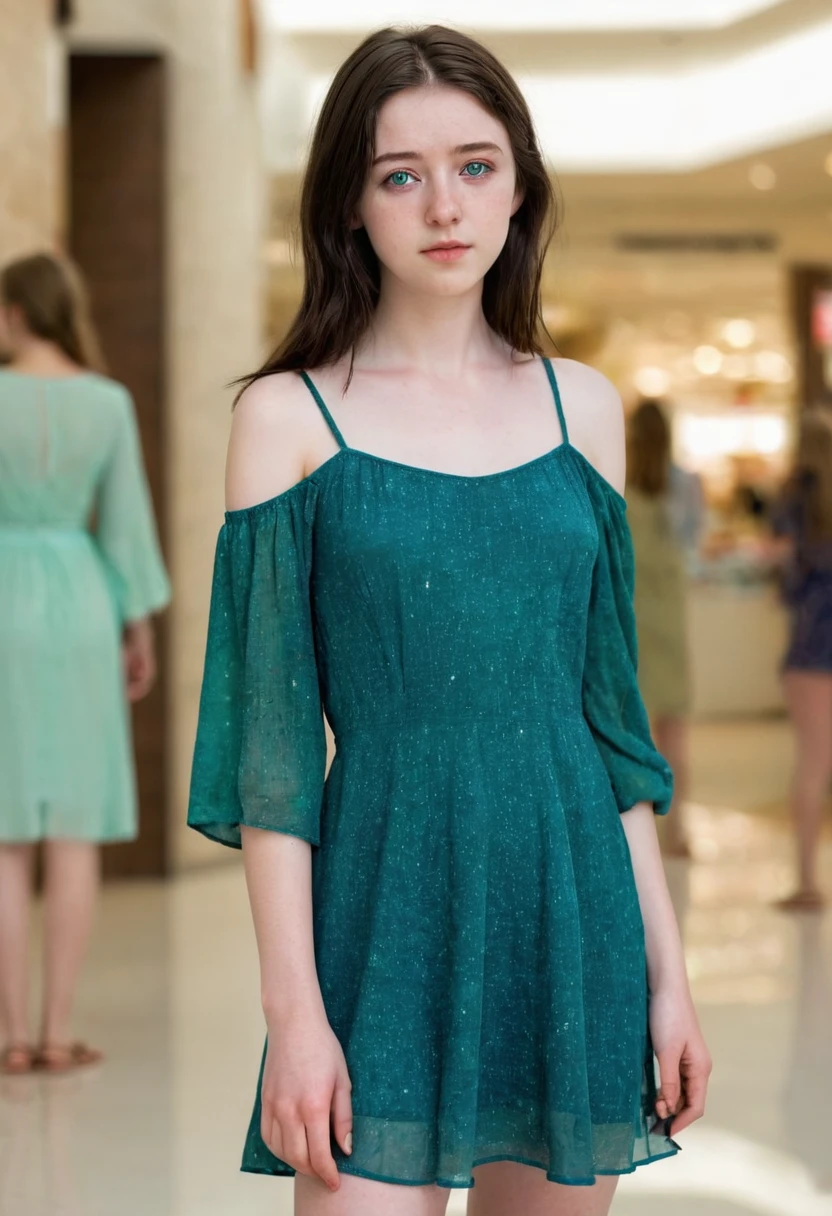 full body shot, 19 yrs old woman, 1.65m high, dark brown shoulder-length hair, open hair, a strand of hair on the face, green eyes, standing, sandals, blue dress, perfect face, (Kontakt Iris: 1.1), pale skin, some skin blemishes, several birthmarks, skin pores, low depth of field, soft light, low light, masterpiece, 8K, standing in a shopping mall