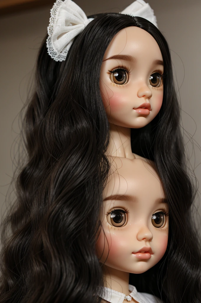 Blythe doll Long wavy black hair without bangs, light brown skin, big lips, big black eyes, lots of cheeks and thin black eyebrows.