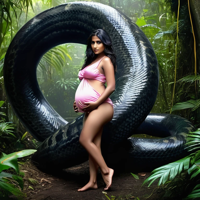  Pregnant  topless  pink thong wearing aroused horny beautiful happy  young  Indian  girl   vs  Giant colossal black anaconda    monster wrapped around her body squeezing her in coiled embrace cuddling and kissing  sexual erotic bestiality  sex  realistic in the rainforest full body, best quality wet 