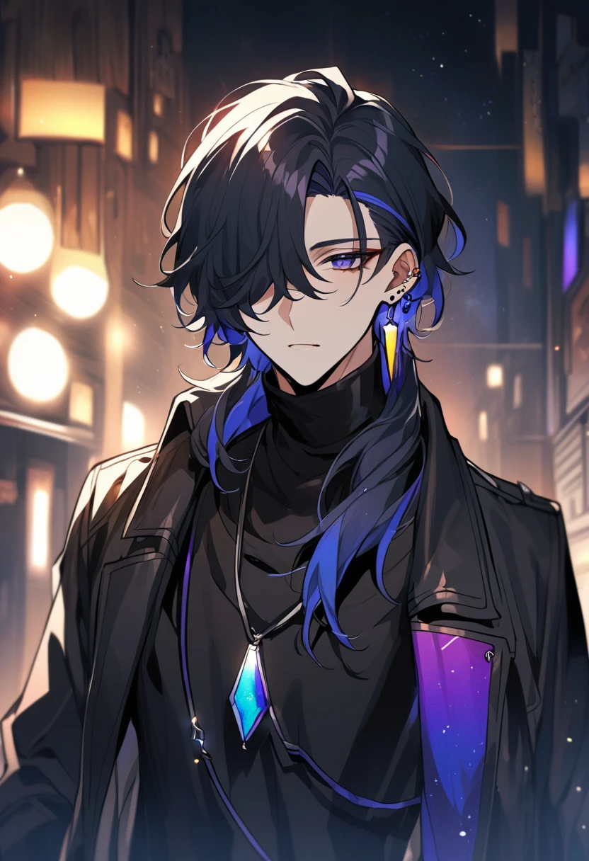 a little boy, he wears galaxy colored earrings, he looks so mysterious, He was dressed in a black shirt with his black coat hanging over his shoulder. Manhwa style.