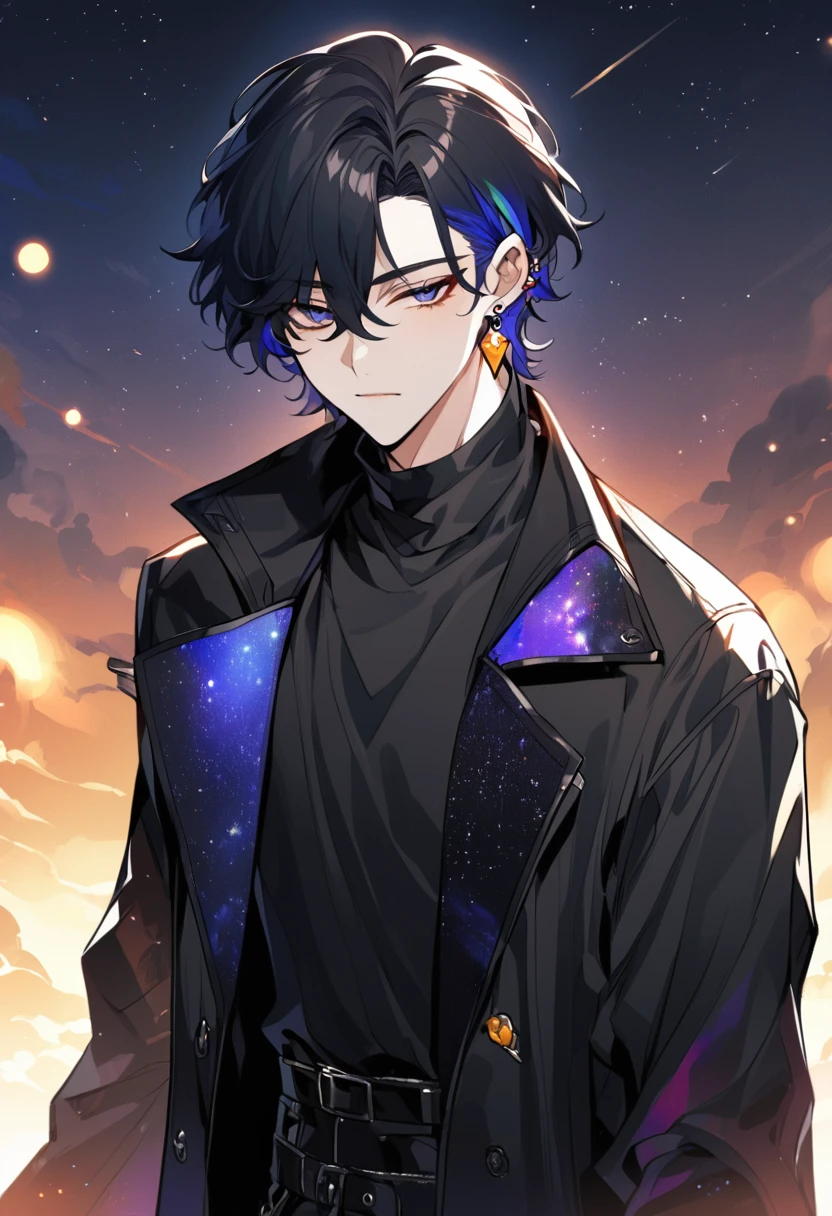 a little boy, he wears galaxy colored earrings, he looks so mysterious, He was dressed in a black shirt with his black coat hanging over his shoulder. Manhwa style.