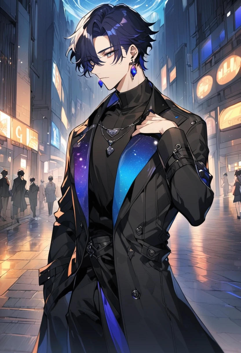 a little boy, he wears galaxy colored earrings, he looks so mysterious, He was dressed in a black shirt with his black coat hanging over his shoulder. Manhwa style.