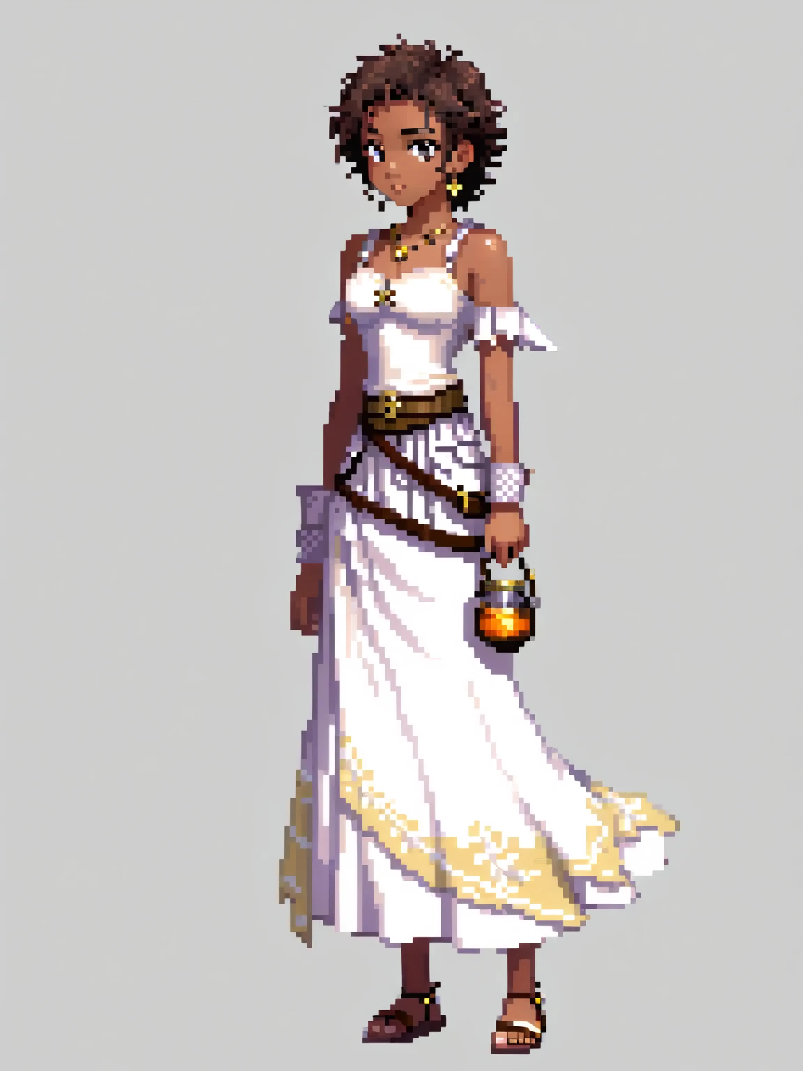 (Pixel art: 1.2), ****ung woman, 23 years old, dark skin, with medium dark brown curly hair held back by a cloth, wearing a medieval white dress with floral details, a light brown leather corset belt, a sheath for potions, gold earrings, a stone necklace, bandages on her left hand, dress covering her entire body, brown sandals, side view, visible lips and nose, Black background, strong physique, neutral expression.