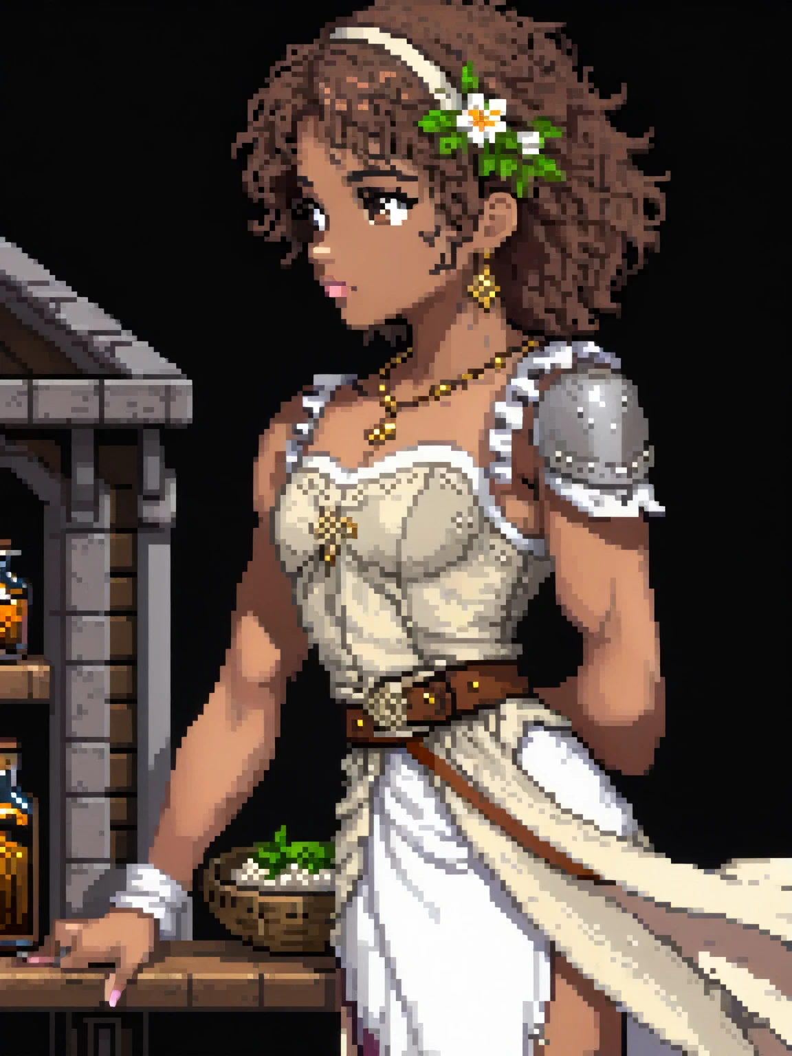 (Pixel art: 1.2), ****ung woman, 23 years old, dark skin, with medium dark brown curly hair held back by a cloth, wearing a medieval white dress with floral details, a light brown leather corset belt, a sheath for potions, gold earrings, a stone necklace, bandages on her left hand, dress covering her entire body, brown sandals, side view, visible lips and nose, Black background, strong physique, neutral expression.