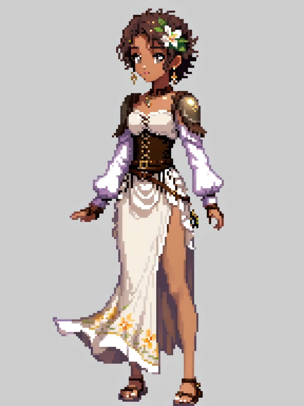 (Pixel art: 1.2), 1 young woman, 23 years old, dark skin, with medium dark brown curly hair held back by a cloth, wearing a medieval white dress with floral details, a light brown leather corset belt, a sheath for potions, gold earrings, a stone necklace, bandages on her left hand, dress covering her entire body, brown sandals, side view, visible lips and nose, Black background, strong physique, neutral expression.