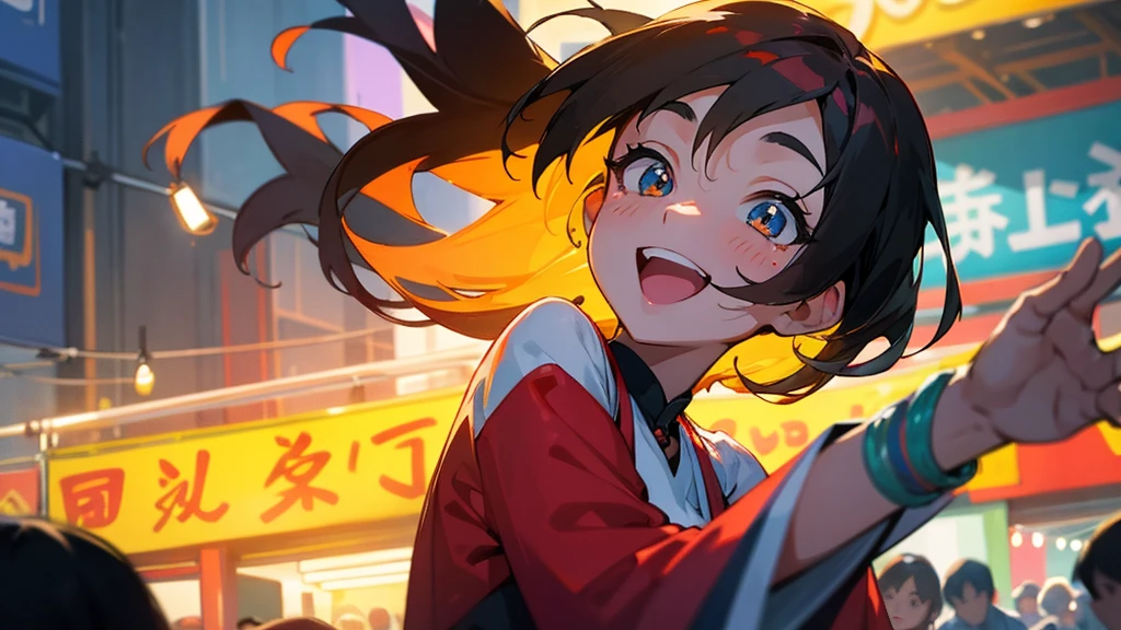 In the midst of a vibrant and bustling night market, Women appear excited and happy. Dress relaxed, Her face radiates pure joy and satisfaction., Her eyes sparkle with joy as she takes in the vibrant atmosphere around her.., Make her feel truly alive and at peace.