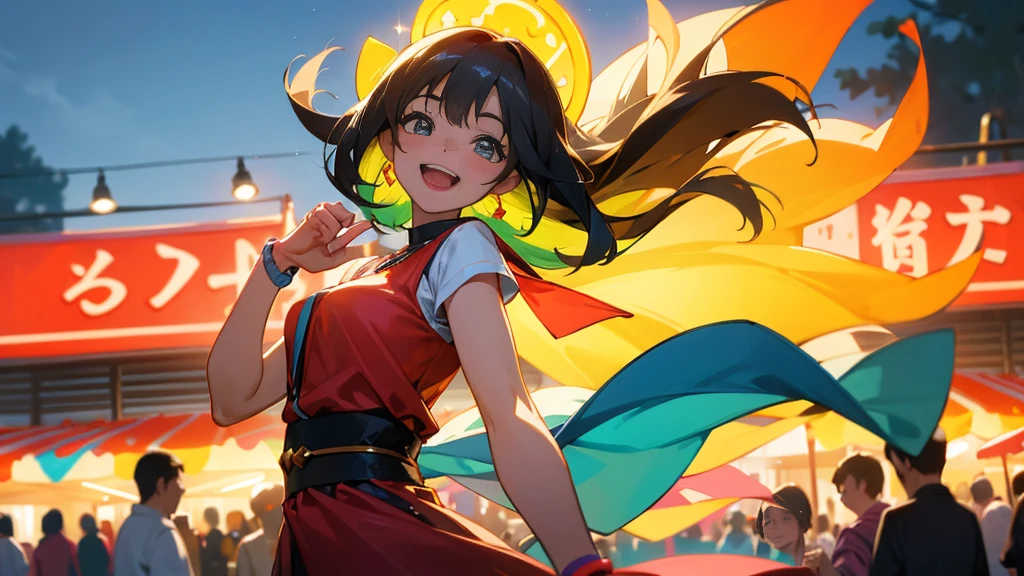 In the midst of a vibrant and bustling night market, Women appear excited and happy. Dress relaxed, Her face radiates pure joy and satisfaction., Her eyes sparkle with joy as she takes in the vibrant atmosphere around her.., Make her feel truly alive and at peace.