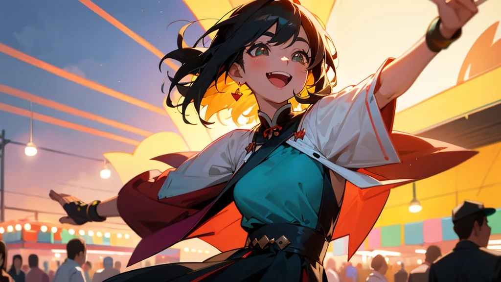 In the midst of a vibrant and bustling night market, Women appear excited and happy. Dress relaxed, Her face radiates pure joy and satisfaction., Her eyes sparkle with joy as she takes in the vibrant atmosphere around her.., Make her feel truly alive and at peace.