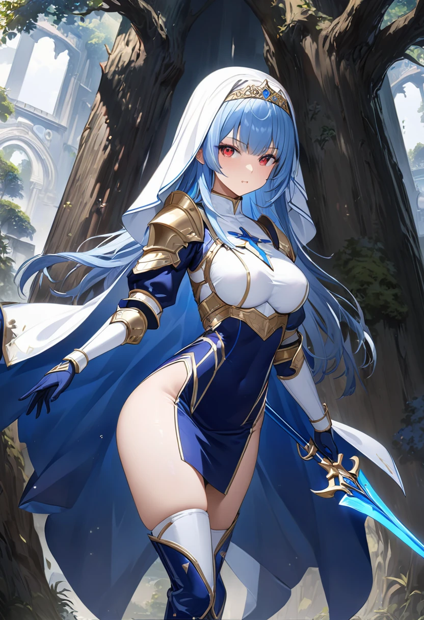 Highest quality、unity 8k wallpaper、32k、masterpiece、Very detailed、Ultra-high resolution、Very detailedな顔, RAW Photos, Professional, Ultra-fine painting, Midnight blue long straight hair、Platinum tiara with blue gemstones、White Nun Cape、Red Eyes、(Tree Eyes), Cool and sharp features, hime cut, 20~A female magical warrior, about 24 years old.、White and gold breastplate、Blue and white leotard、(((Blue and white gold-embellished long pencil skirt with side armor and long slits)))、Half puff sleeves with shoulder pads、A large white ribbon with a large sapphire on the chest、White and blue long gloves、(((White and blue thigh-high stiletto boots)))、whole body、He has a spear with a glowing blue blade