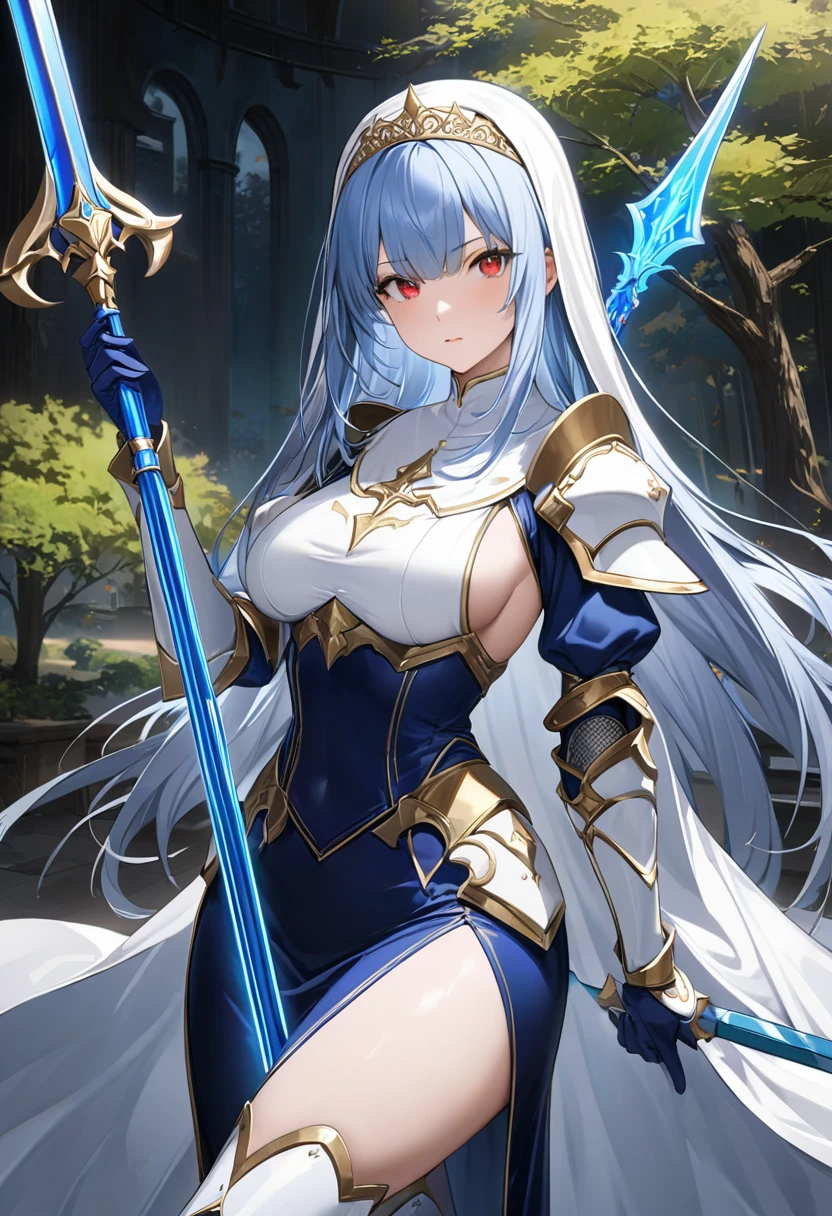 Highest quality、unity 8k wallpaper、32k、masterpiece、Very detailed、Ultra-high resolution、Very detailedな顔, RAW Photos, Professional, Ultra-fine painting, Midnight blue long straight hair、Platinum tiara with blue gemstones、White Nun Cape、Red Eyes、(Tree Eyes), Cool and sharp features, hime cut, 20~A female magical warrior, about 24 years old.、White and gold breastplate、Blue and white leotard、(((Blue and white gold-embellished long pencil skirt with side armor and long slits)))、Half puff sleeves with shoulder pads、A large white ribbon with a large sapphire on the chest、White and blue long gloves、(((White and blue thigh-high stiletto boots)))、whole body、He has a spear with a glowing blue blade