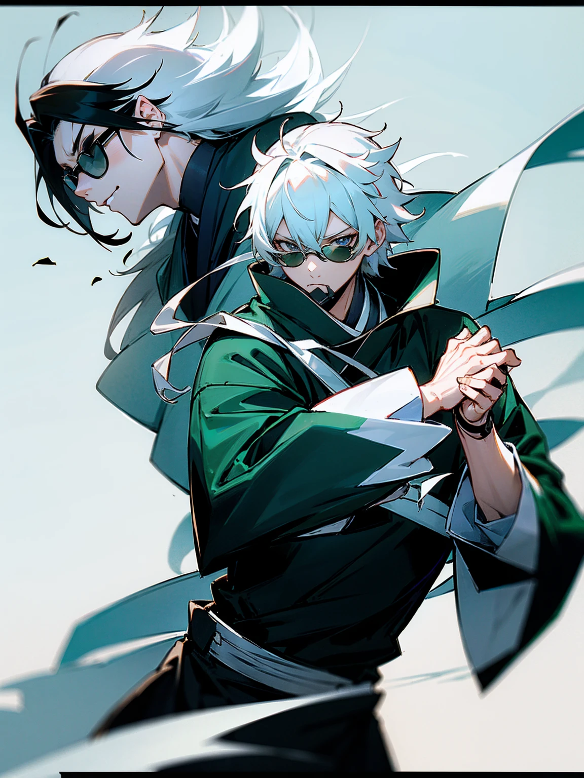 1male, black and white hair, sunglasses, black demon slayer haori, forest