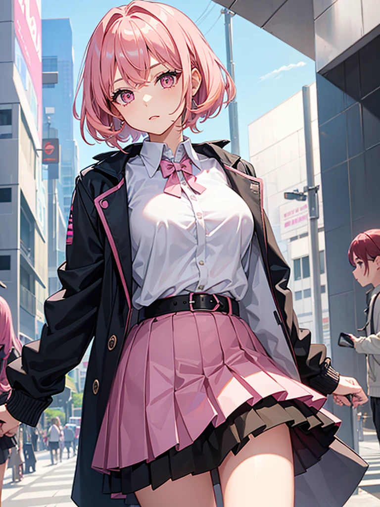 A girl. She is wearing skirt and a shirt, jacket on shoulders. She has pink hair and pink eyes. Close-up.