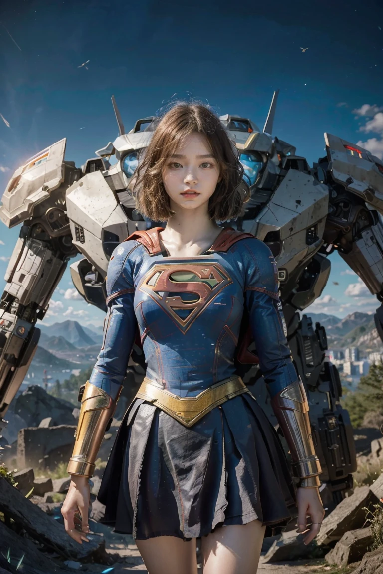 ((Best Quality)), ((Supergirl masterpiece)), (highly detailed: 1.3), 3D, Shitu-mecha, beautiful cyberpunk women with their mecha in the ruins of the city of a lost war, ancient technology, blonde with blue eyes, superman symbol S on the chest, (High Dynamic Range), Ray Tracing, NVIDIA RTX, Super-Resolution, Unreal 5, Subsurface Scattering, PBR Texturing, Post-processing, Anisotropic filtering, Depth of field, Maximum clarity and sharpness, Multilayer textures, Albedo and specular maps, Surface shading, Accurate simulation of light-material interaction, Perfect proportions, Octane Render, two-tone lighting, Low ISO, white balance, rule of thirds, wide aperiature, 8K RAW, efficient sub-pixel, sub-pixel convolution, luminescent particles, light scattering, Tyndall effect