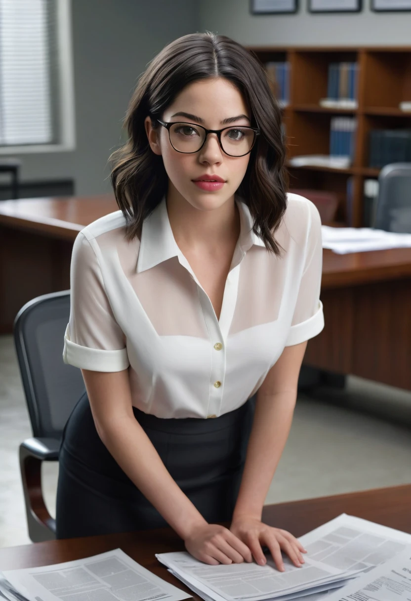 (best quality,4k,8k,highres,masterpiece:1.2),ultra-detailed,(realistic,photorealistic,photo-realistic:1.37), 1girl, looks like Olivia thirlby, solo, standing with back to viewer, looking over shoulder at viewer, black hair, white blouse, short dark skirt, wears glasses, parted lips, in a law office, standing over papers that fell on floor, professional photography