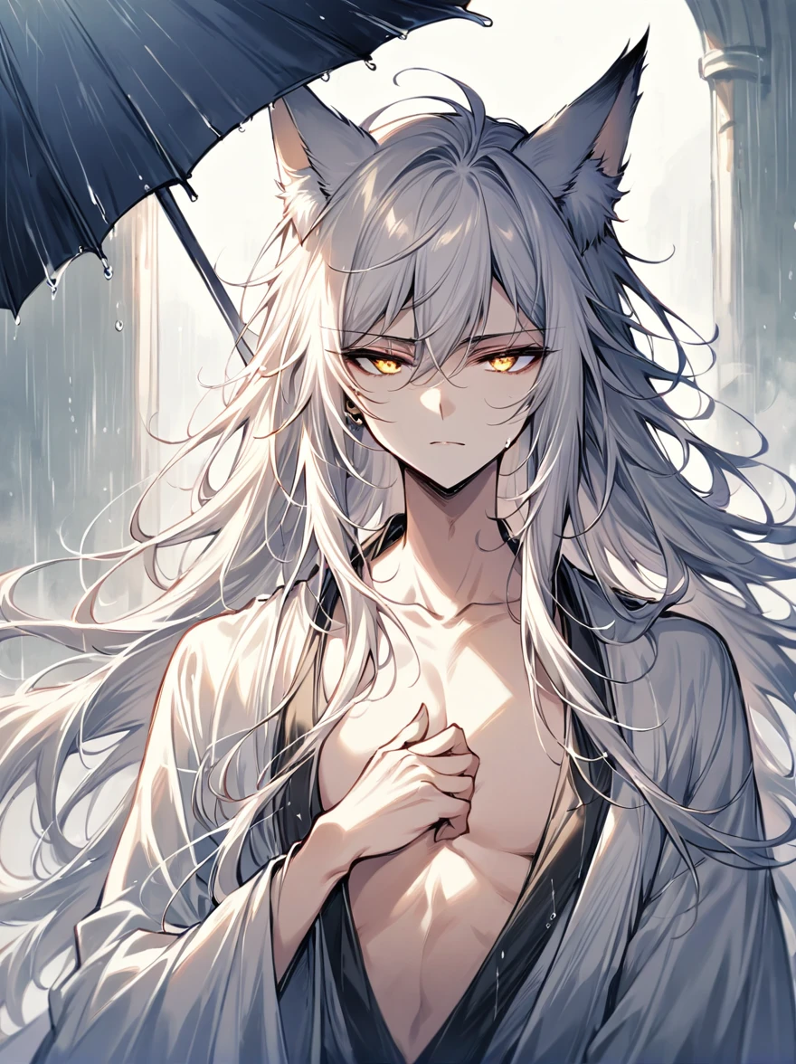 ((Best quality)), ((masterpiece)), (detailed), ((perfect face))、miyabi,a man, Long, flowing silver hair with delicate strands.
Sharp, piercing golden eyes. Fox ears on top of his head.
Serious and slightly mysterious.Pale and smooth.
Wears a robe that is slightly open at the chest, revealing part of his well-defined upper body.
The character exudes a sense of elegance and strength, with a calm and enigmatic aura. The lighting emphasizes his facial features and hair texture, creating a soft, almost ethereal glow.、He came to pick me up in the rain with an umbrella