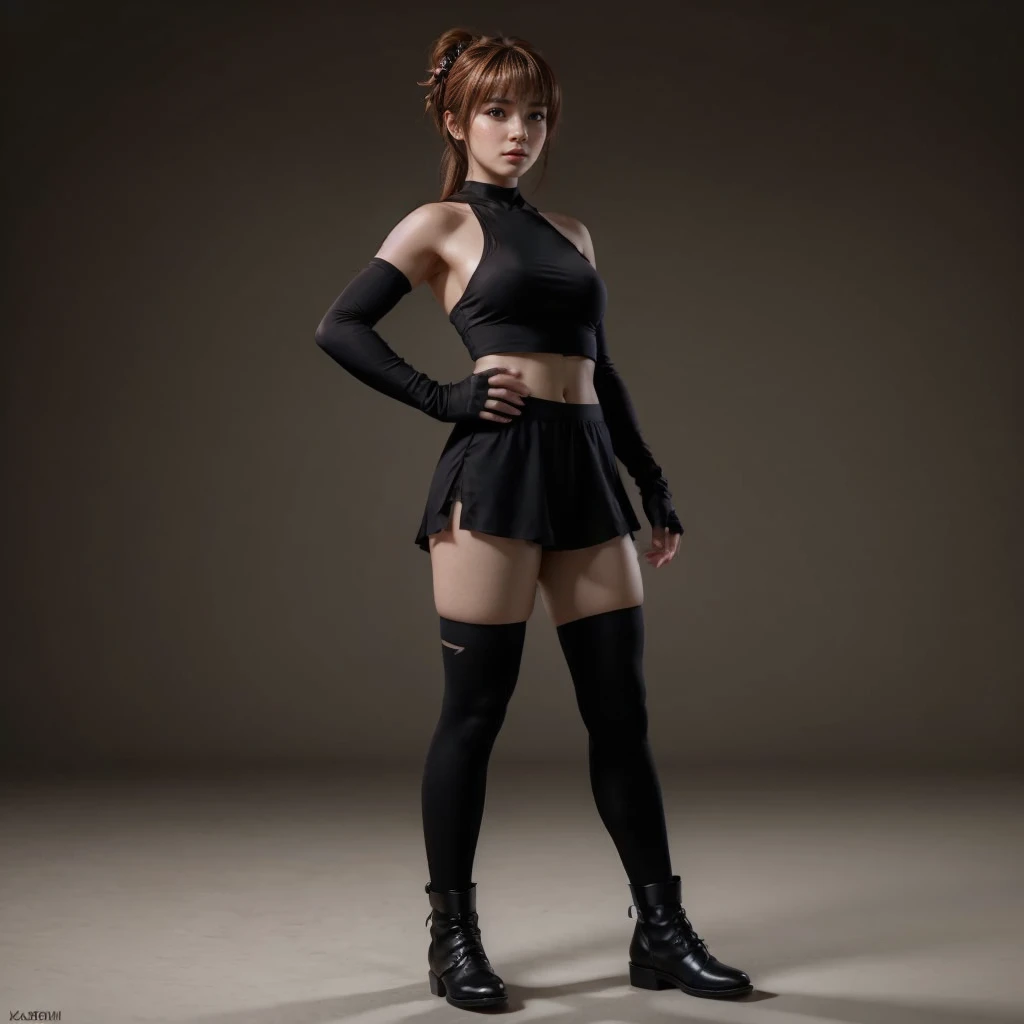 Kasumi, brown eyes, (best quality, ultra-detailed), (realistic:1.37), beautiful and detailed face, ultra-realistic texture, delicate face, delicate body, red lipstick, bright colors. High definition, 8K.