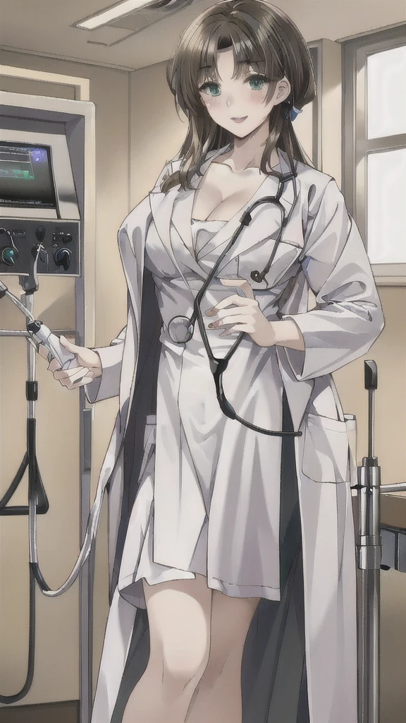 ((masterpiece, best quality, high quality)),1girl, (lower body, hospital), (doctor_uniform, labcoat, stethoscope, doctor),Large Breasts，cleavage，lipstick，Smile，lipstick，Green eyes