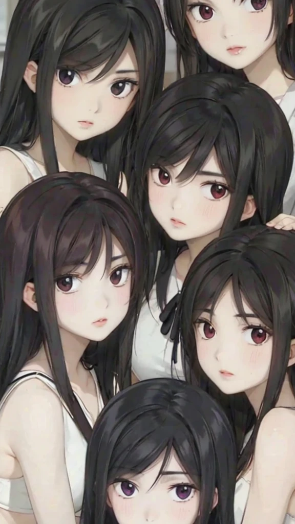 Mommy with 4 daughters,black hair, long hair, messy hair, hair between eyes, chubby cheek,Sexy lips, pucker lips