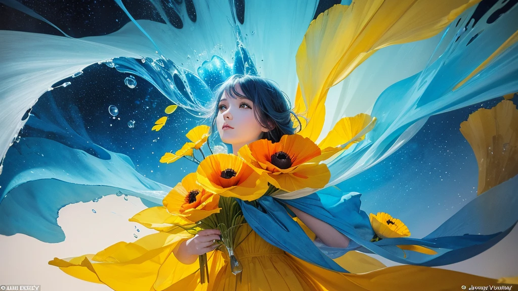 32k, Masterpiece, Highest quality, One girl, Detailed eyes, flower,Iceland Poppy, Blue and yellow style,A dreamy, romantic piece,Pale yellow, Mysterious Leaves,A playful arrangement,Fantasy,High Contrast,Ink strokes,explosion,Exposure, Impression of blue and yellow tones,Abstract,((Watercolours by John Berkey and Jeremy Mann )) Brush strokes,Negative Space, Tyndall effect,