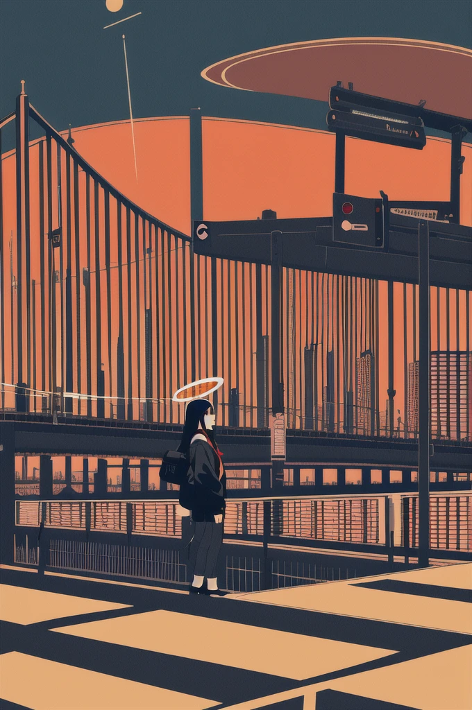 masterpiece, best quality, flat color, limited palette, low contrast, (ligne claire), 1girl, long straight black hair, beautiful detailed face,halo, backpack looking away, standing. smoke, night sky, city, sunset, sky scrapers, bridge, road signs, depth of field, border, black, red, orange, brown, autumn, haze