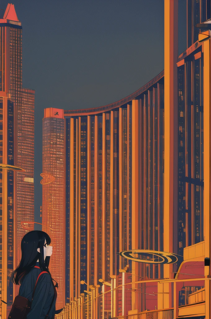 masterpiece, best quality, flat color, limited palette, low contrast, (ligne claire), 1girl, long straight black hair, beautiful detailed face,halo, backpack looking away, standing. smoke, night sky, city, sunset, sky scrapers, bridge, road signs, depth of field, border, black, red, orange, brown, autumn, haze
