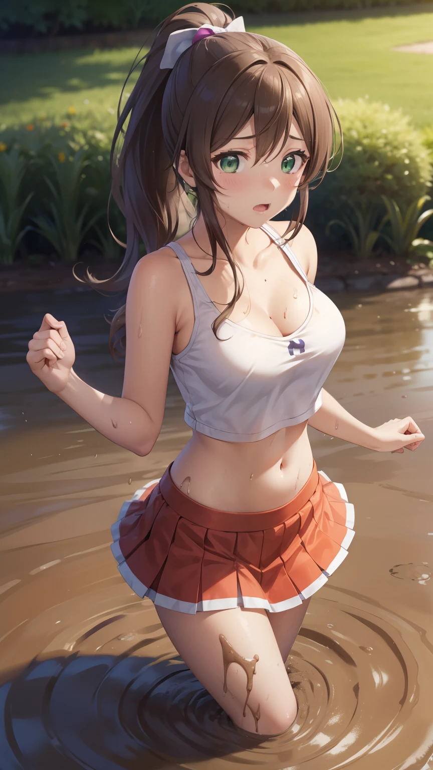 nozomitoujou, nozomi toujou, green eyes, brown hair, ponytail, medium breasts, masterpiece, best quality, high resolution, beautiful detailed eyes, extremely detailed face, good lighting, detailed CG, messy hair, glossy lips, upset, scared, (sinking in mud), garden, from above, (skirt spread on ground), (sinking to her hips), (partially submerged), standing, cheerleader, midriff, cleavage