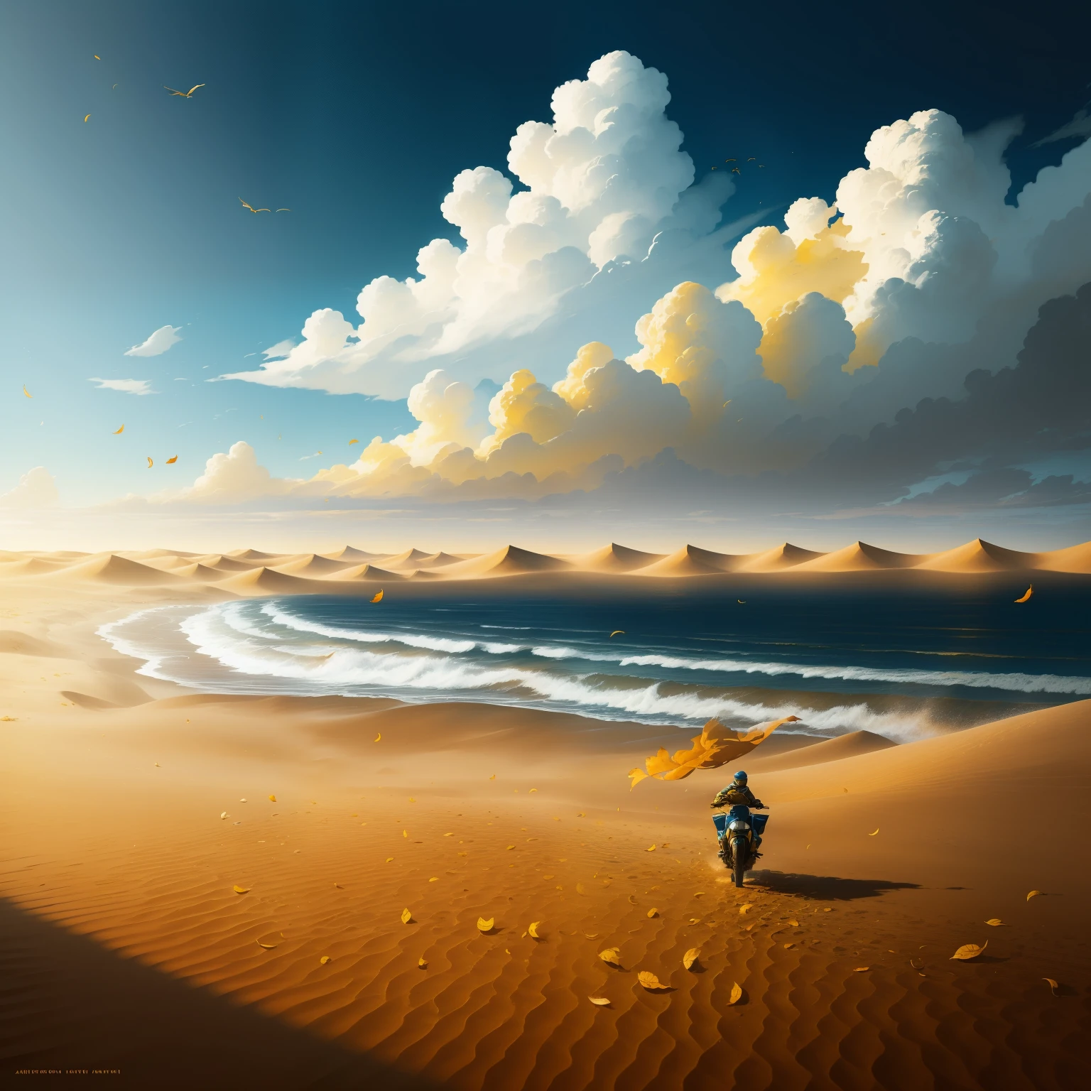 create a main character riding a large tall bird similar to the great blue heron in a beautiful flat desert landscape of a 3d video game vista , riding a giant tall blue heron bird, the main character wears a long yellow tan trench coat with hood and tinted goggles, endless miles of blowing sand dunes, riders in the far distance, blue skies with billowing white clouds pink tinged, blowing boiling swirling wind, blowing leaves of grass, dark yellow and azure, majestic, sweeping seascapes, photorealistic representation, graceful balance, wimmelbilder, Andrew Wyeth, orange, Leaves of Grass, Andrew Wyethy