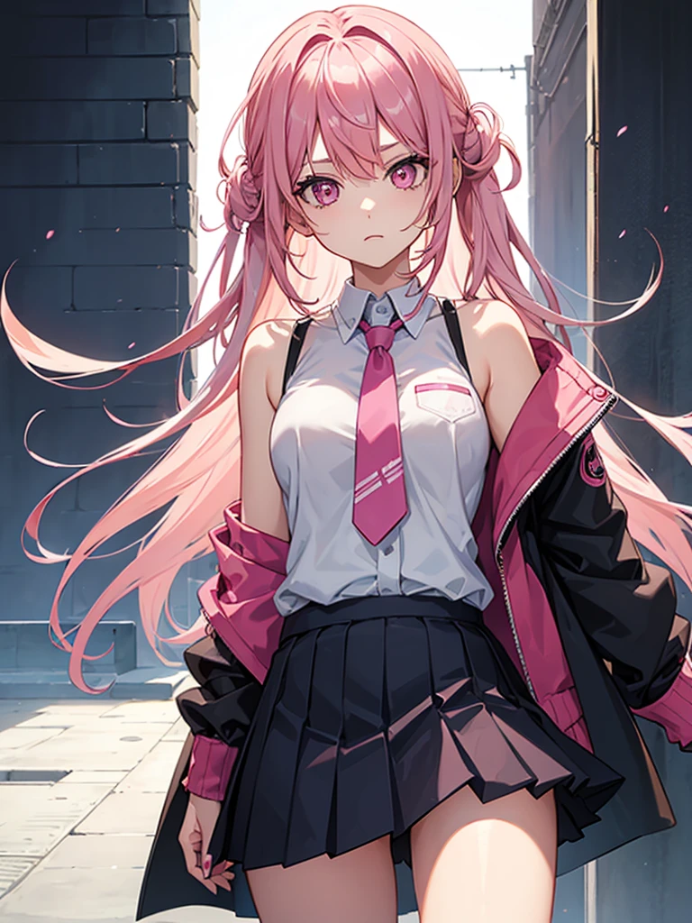A girl. She is wearing skirt and a shirt, jacket on shoulders. She has pink hair and pink eyes. Close-up. Face 