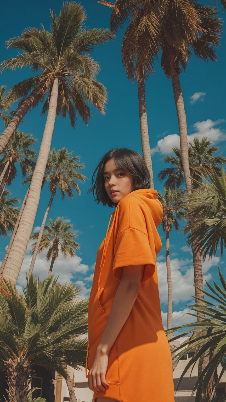 1 girl, wear ((orange oversized hoodie)), (purple tennis skirt),Best Quality,Masterpiece,Ultra High Resolution,(Realisticity:1.4),Original Photo, 1Girl, light leak,dark intens shadow,ultra high resolution,UHD,beautiful, (black bob hair), almond eye, no makeup, in front of 80's architecture colorful motel, (from below:1.2), (realistic:1.2), (surreal:1.3), (very detailed:1.1), ((masterpiece)),summer, blue sky, palm trees,sunny, los angles vibes